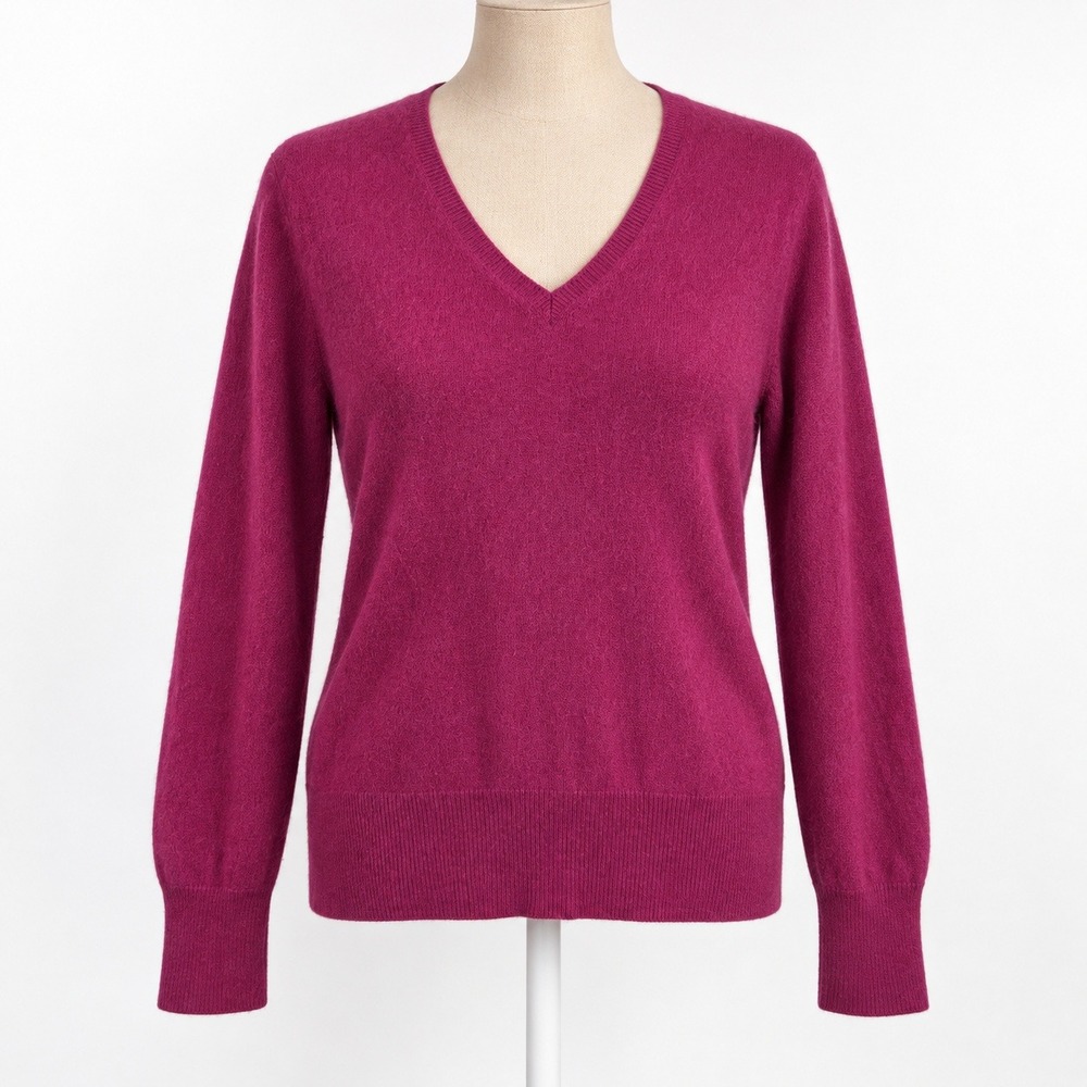 Womens 100% Cashmere V Neck Sweater Size L Pink Quiet Luxury Career Minimalist